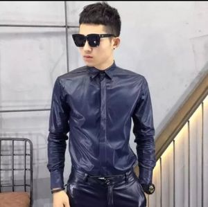 Navy Blue Faux Leather Button Up Dress Shirt S